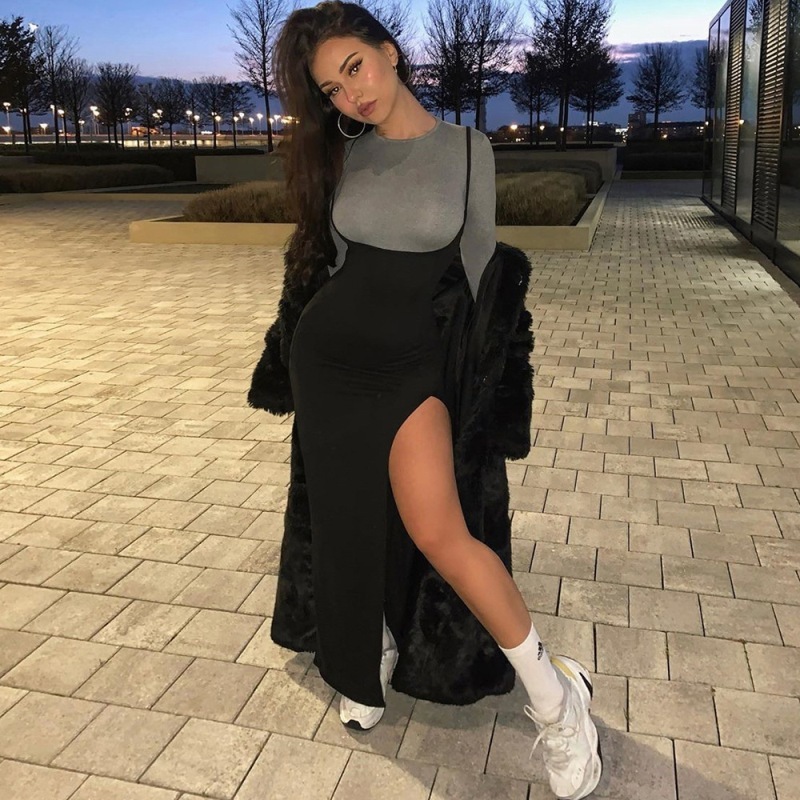 Sexy Black High Waisted A Line Suspender Skirts Womens Spring Summer Women High Split Long Maxi Skirt 210426