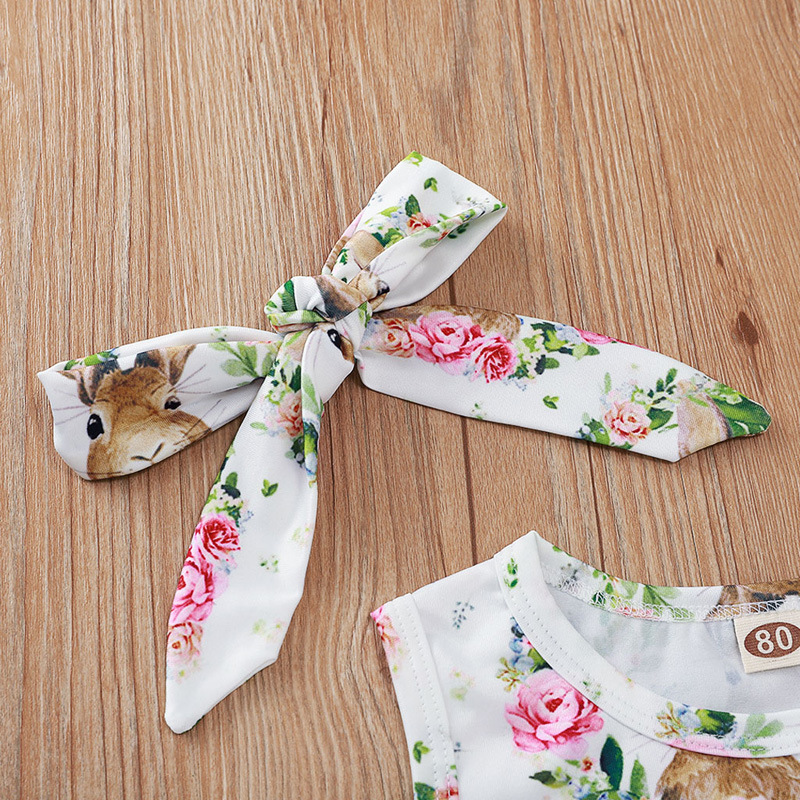Summer Baby Girls Clothes Sets Fashion Girl Outfits 2pcs Rabbit Garland Printed Sleeveless Easter Ball Border Haka Tiara Child Crawling Suit Kids Clot