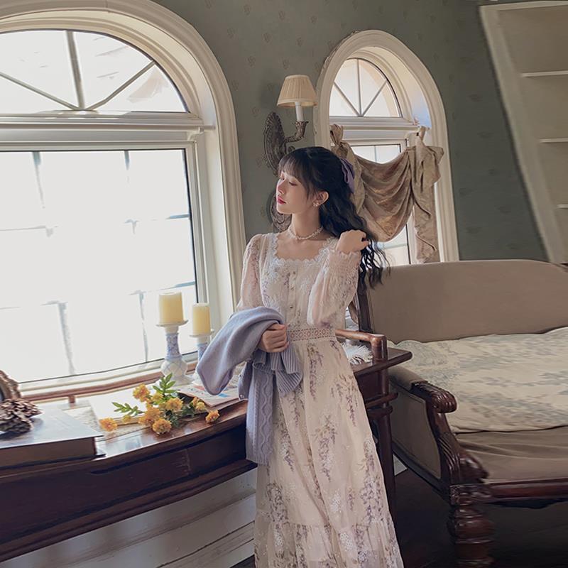 Evening Party Floral Dresses Women Lantern Sleeve Midi Elegant Vintage Dress Female Sweet Summer Dress Korean 210521