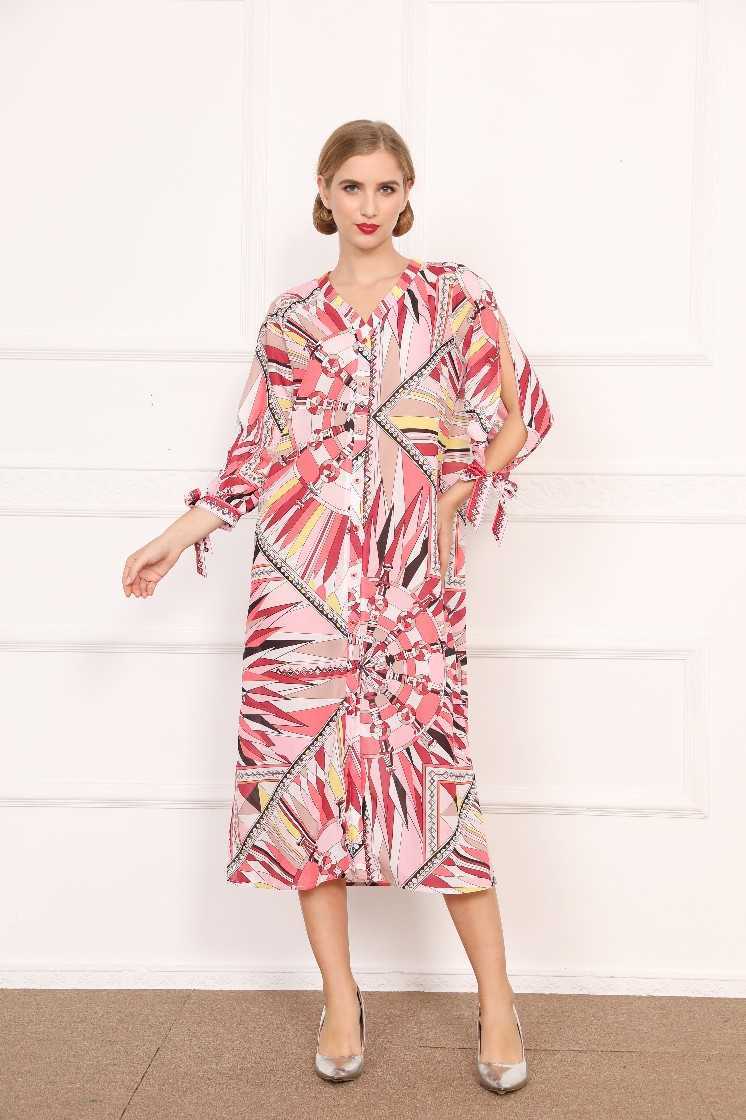 Printed V Neck Full Cuff Hip Print Mid Calf Dress for Women 210615Z