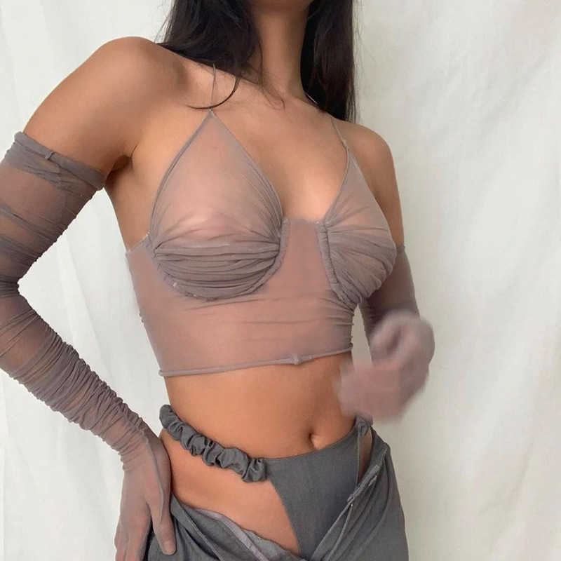 Colysmo Mesh Crop Top with Gloves See Through Cut out V Neck Tie up Ruched Halter Sexy Clubwear Women Chic Summer Tank 210527