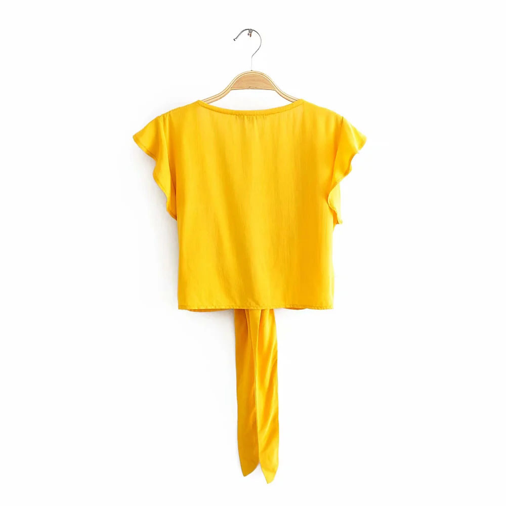 Women Fashion Bow Tie V-Neck No Buttons Smocked Blouses Vintage Petal Sleeve Shirts Girls Chic Tops 210520