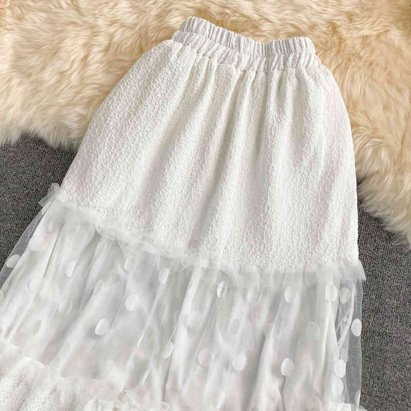 Nomikuma Korean Dot Mesh Patchwork Woman Dress Summer High Waist A-line Skirts Causal Sweet Faldas Mujer Moda 6H287 210427
