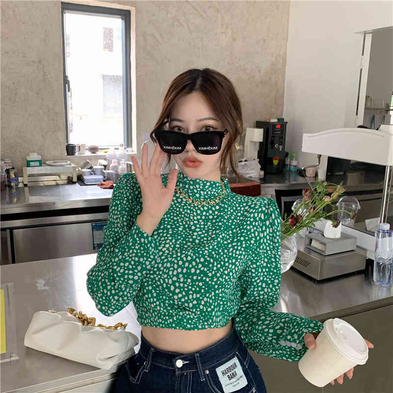 Sexy Backless Green Chiffon Floral Print Women Blouse Shirt O Neck Puff Long Sleeve Short Bloused Lace Up Ladies Blusas 210519