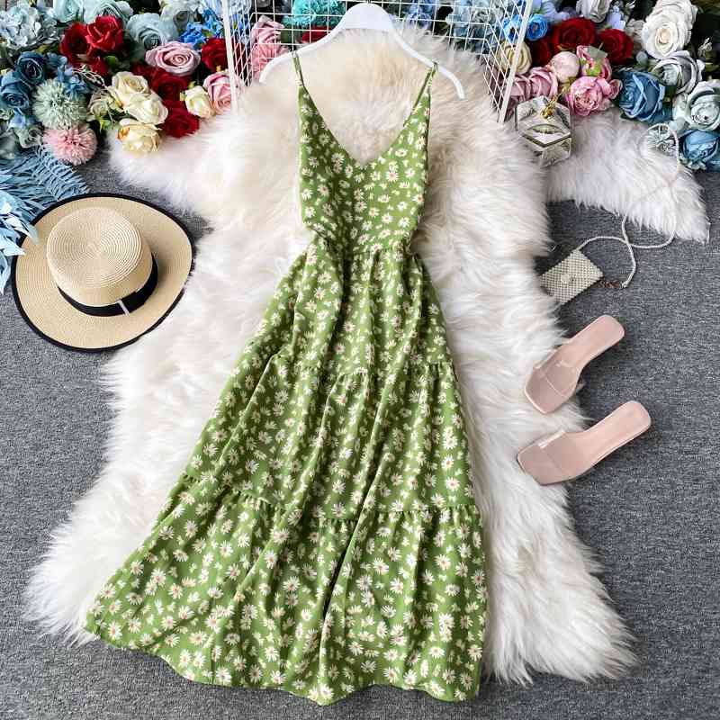 LY VAREY LIN Summer Sexy Spaghetti Strap Floral Dress A Line V neck Sleeveless High Waist Mid-Calf Lady 210526
