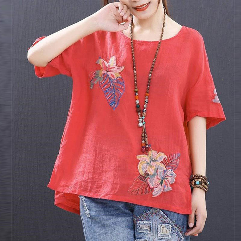 Summer Style Cotton Linen Tops Plus Size Floral Embroidery Vintage Loose Short Sleeve Tshirt Lady O-neck Tee Shirt Big HX01 210512