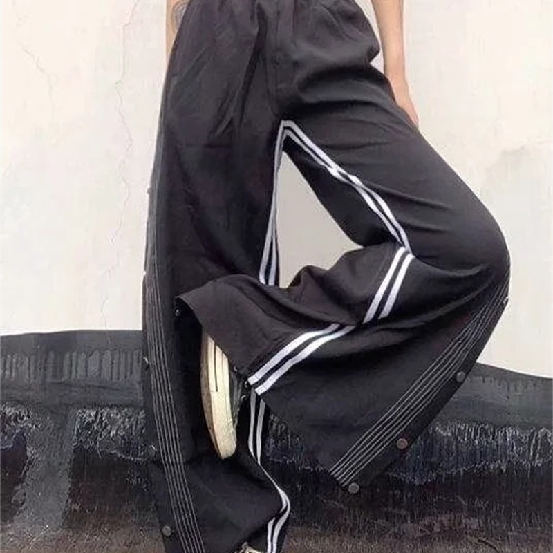 Nomikuma Side Buttons Split Wide Leg Pants Women Causal Sweatpants Autumn Stretch High Waist Striped Long Trousers 6B992 210427