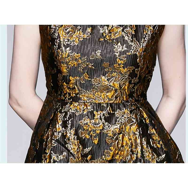 Fashion Vintage Elegant Jacquard Sleeveless Tank Dress High Waist Women Embroidered Golden Flowers Summer 210520