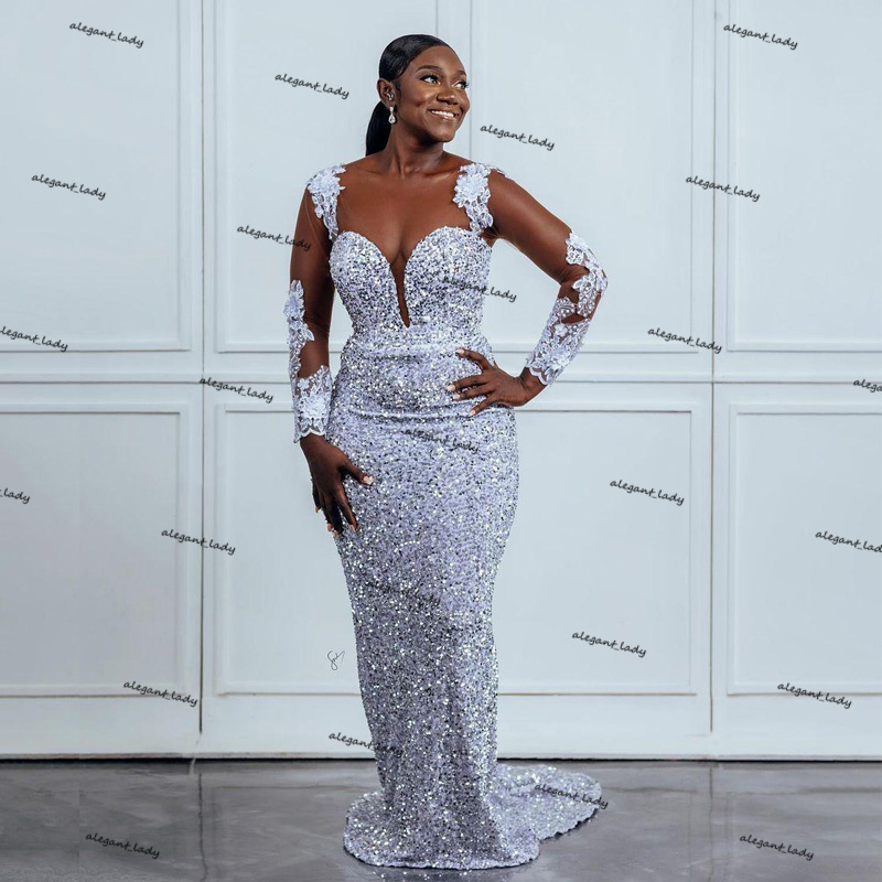 Brilliant Sequin Mermaid Evening Dresses O Neck Long Sleeve Appliques African Plus Size Sweetheart Backless Prom Dress Wear
