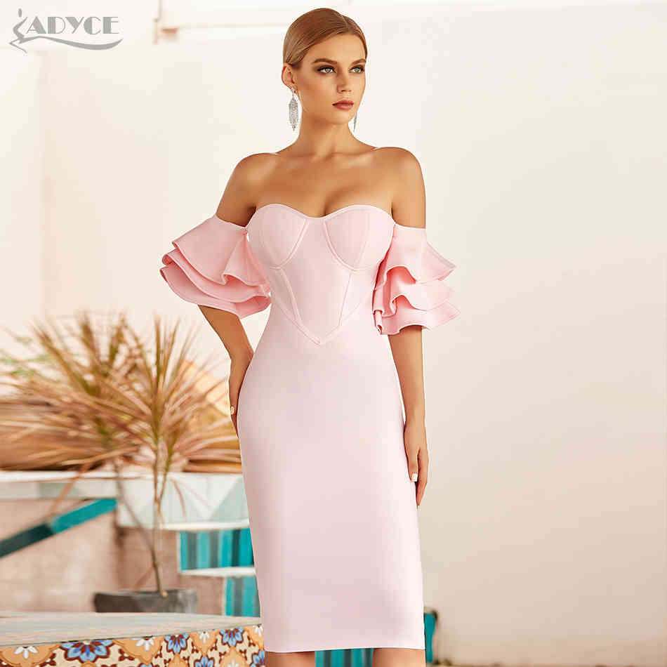 Summer Women Pink Off Shoulder Bodycon Bandage Dress Sexy Butterfly Short Sleeve Celebrity Runway Party Dresses 210423