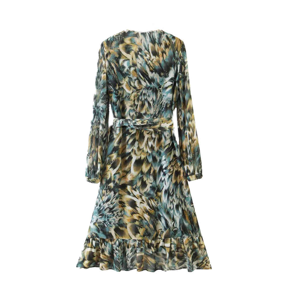 New Women Dress Tie-dye Printed Crossover V-neck sashes Long Sleeves Dress elegant Femme Robe Ropa Mujer Vestidos 210409