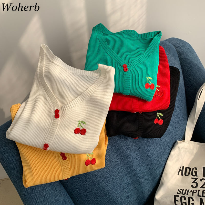 Summer Retro Knit Short Sleeve Cardigan Women Cherry Embroidery Vintage Cardigans Lady Sweet Girls Knitwear Tops 210519