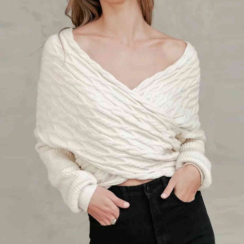Stylish Crossover Twist Sweater Women V Neck Sexy Knitted Tops Fashion Batwing Long Sleeve Cropped Pullovers New 210415