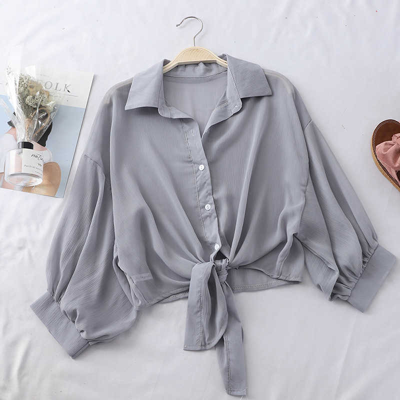 Chiffon Shirts Women Summer Half Sleeve Buttoned Up Shirt Loose Casual Blouse Tied Waist Elegant Blouses For 210607