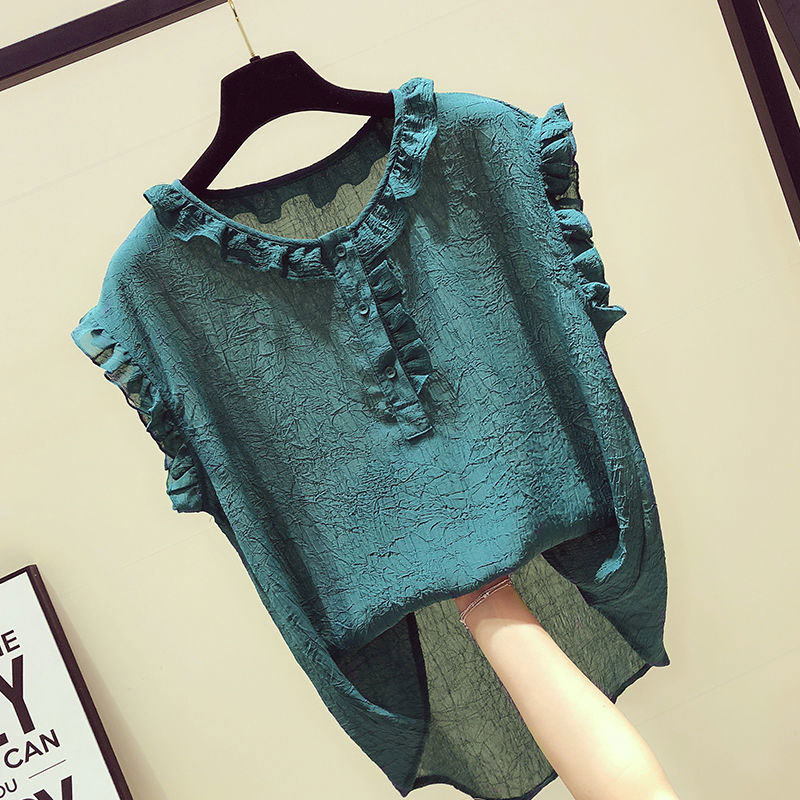 Korea Fashion Summer Women Shirt Plus Size Sweet Cute Sleeveless Chiffon Shirts Ruffles Blouses Female Tops Clothes D26 210512