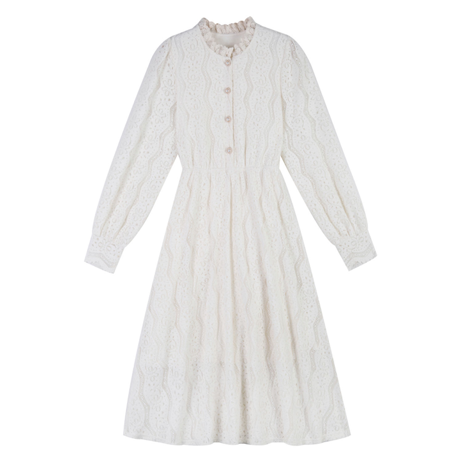 French Vintage Dress Women Spring Long Sleeve Lace Dress Korean O-Neck Fariy Elegant Retro Dress Female Button 210521