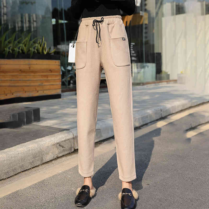 Thicken Women Pencil Pants Autumn Winter OL Style Wool Female Work Suit Pant Loose Trousers Capris 210514