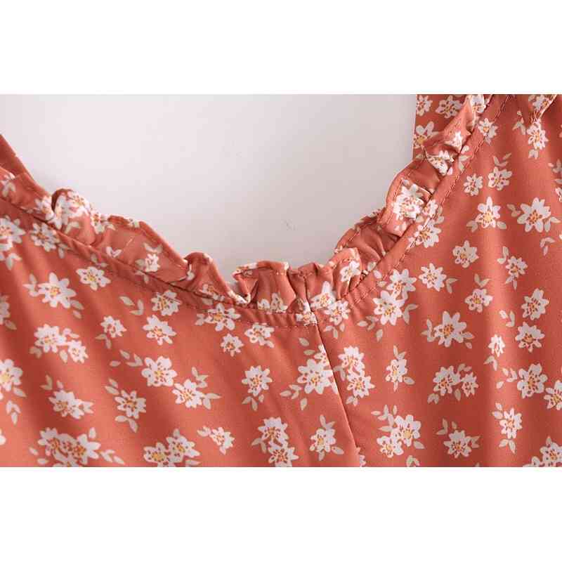 Vintage French Floral Print Hem Split Midi Tank Dress Sexy Women Spliced Wood ears Adjust Tie Bow Strap Dresses Vestido 210429