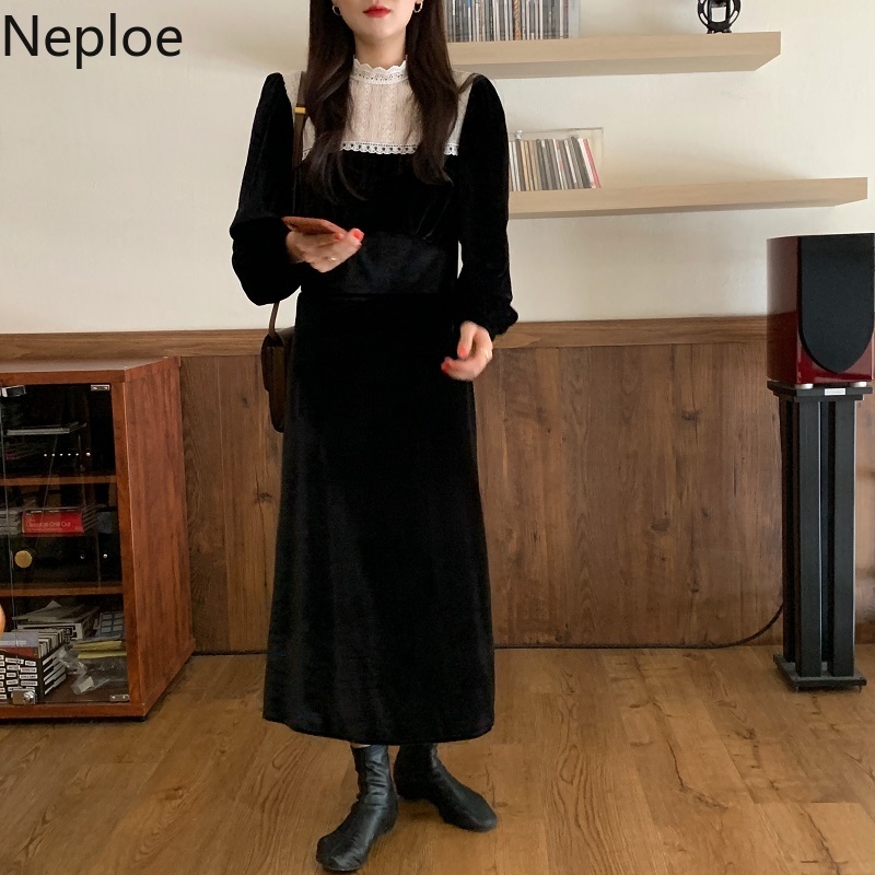 Neploe Maxi Dresses for Women Chic Stand Neck Lace Patchwork Vestidos Slim Waist Elegant Vintage Velvet Robe Dress Femme 4G322 210422