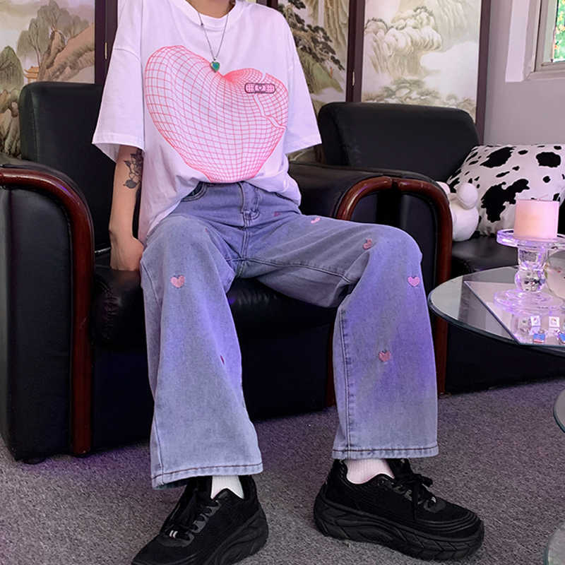 GJBD Women's Jeans Vintage Heart Shaped Embroidery Streetwear High Waist Wide Leg Pants Baggy Harajuku Straight Denim Trouser 210922