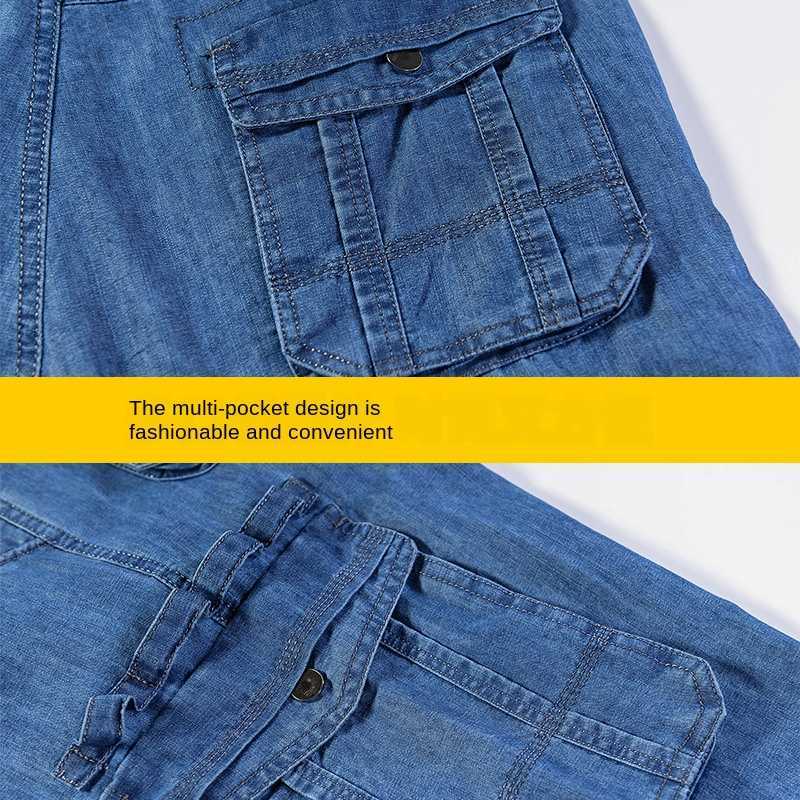 Jeans Shorts Men's Summer Breeches Multi Side Pocket Casual Bermuda Male Straight Long Blue Denim Loose Cargo Men 210629