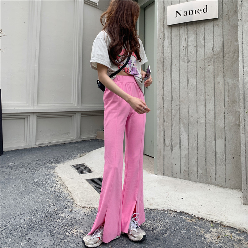 Loose Solid Elastic-Waist Party Thin Split Trousers High Waist Prom Summer Vintage Femme Retro Casual Pants 210421
