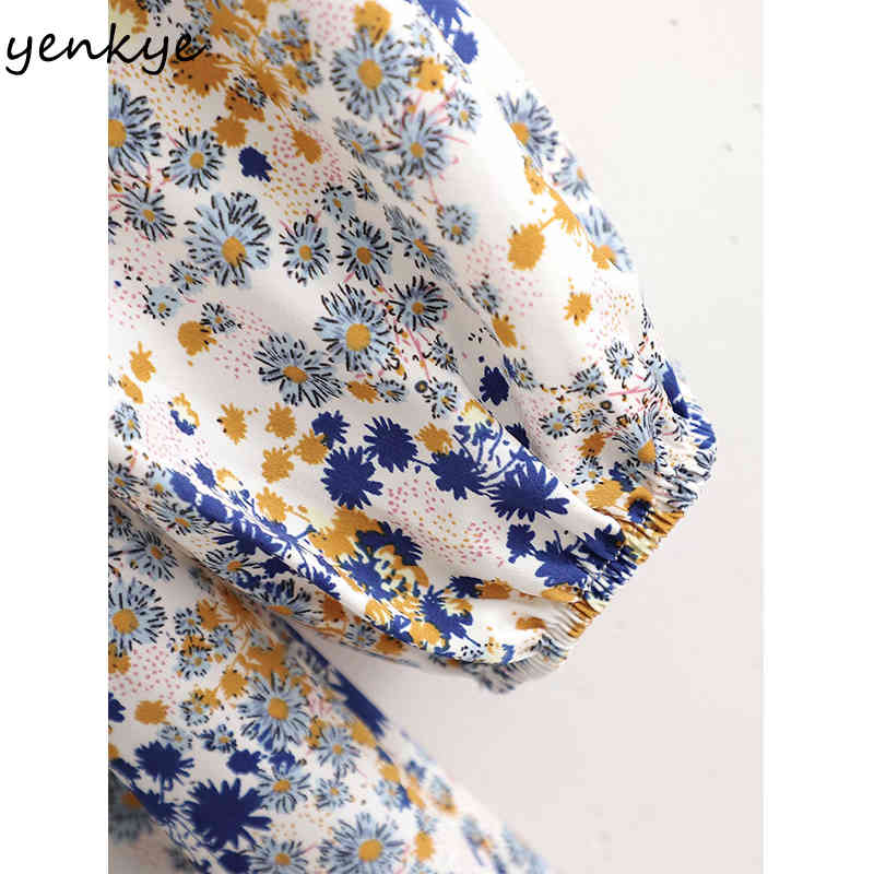 YENKYE Spring Women Vintage Prairie Chic Floral Print Dress Female Square Neck Long Sleeve Robe Femme A-line Midi Casual Dresses 210515