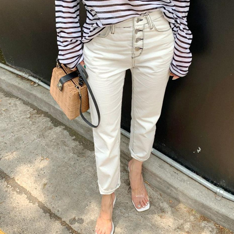 Women's Classic Allmatch Elastic White Straight Casual Pants Autumn Woman Jeans Korean Style for Women 10417 210518
