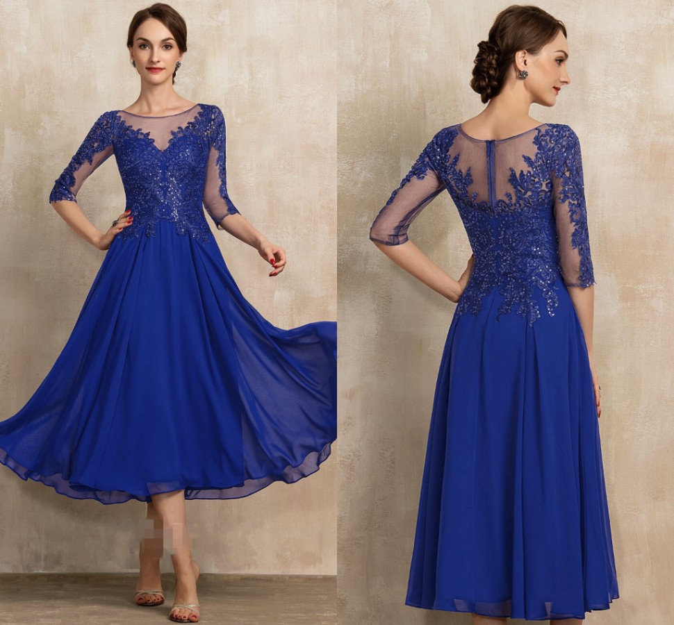 Elegant Royal Blue Tea-Length Chiffon Lace Mother of the Bride Dress Sequins A-line Bridal Party Gown Customed Robe De Soiree