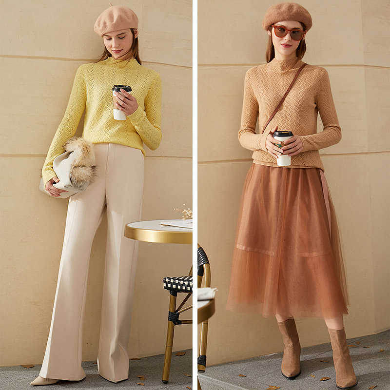 Minimalism Winter Women's Sweater Fashion French Style Hollow Out Slim Fit For Women 100%wool Pullover 12070633 210527