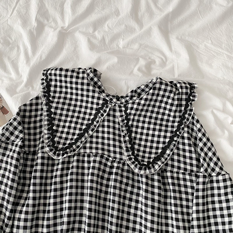 Kimutomo Chic Plaid Shirt Spring Women Korean Fashion Female Peter Pan Collar Long-sleeved Elegant Top Casual 210521