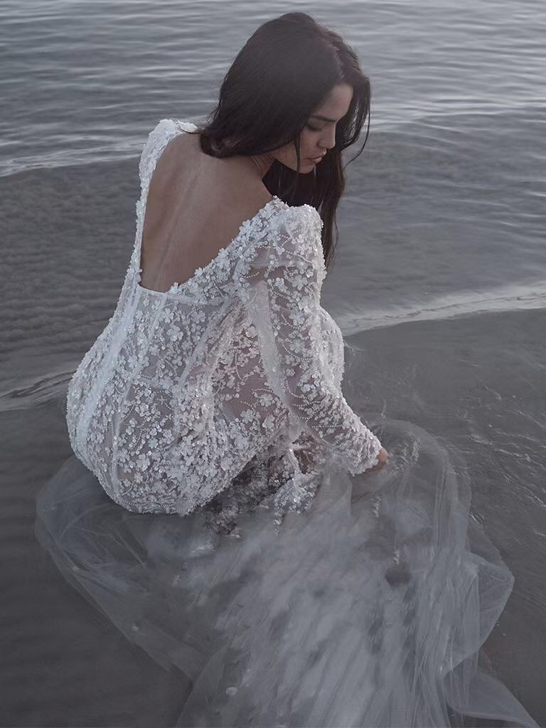 Luxurious Beaded Flowers Mermaid Wedding Dress Long Sleeves Square Neck Boho Beach Wedding Gowns For Bride Sexy Backless Romantic Bridal Dresses Sweep