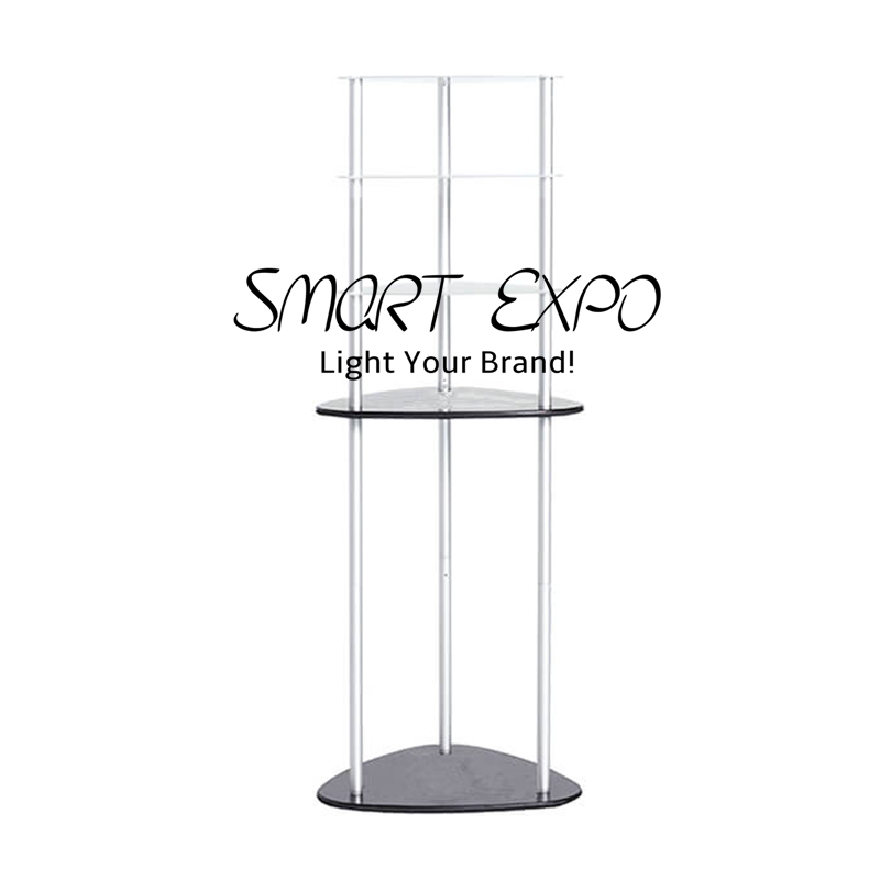 Triangular Exhibition Counter Rack Advertising Display with HDF Top-Bottom Boards Thick Aluminum Tube Tension Fabric Printed Graphic Portable Bag