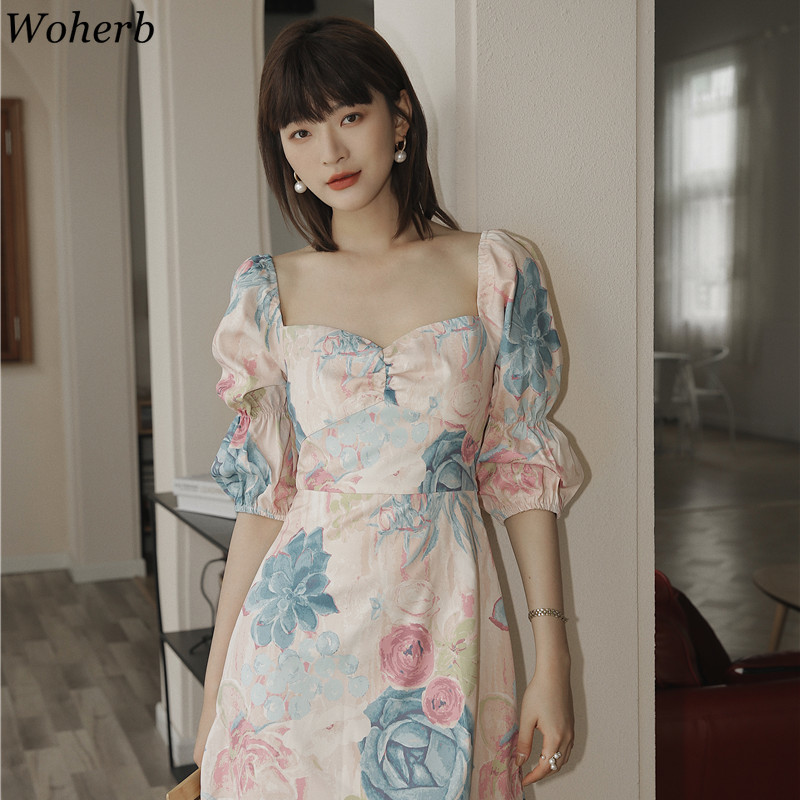 Square Collar Mini Dresses Woman Vintage Puff Sleeve Slim Dress Summer All Match Floral Print Robe Elegante Vestidos 210422