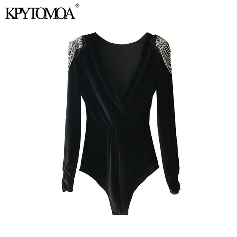 Beading Appliques Velvet Bodysuit Women Fashion Sexy Backless V Neck Crossover Ladies Playsuits Casual Body Femme 210420