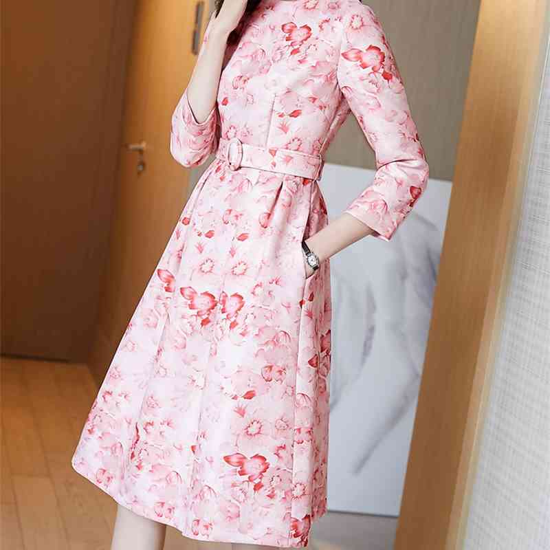 Women's Spring Runway Elegant Pink Dress Fashion O-Neck 3/4 Sleeve Print Slim Retro Dresses Vestdios 210519