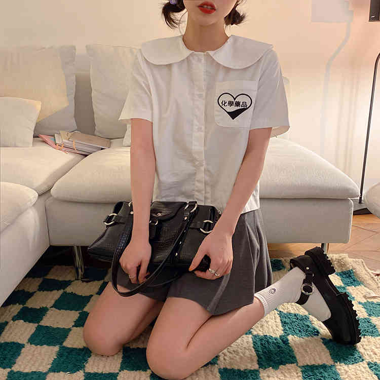 korean style embroidery Pocket short sleeve blouse women White blouses loose summer tops (F4299) 210423