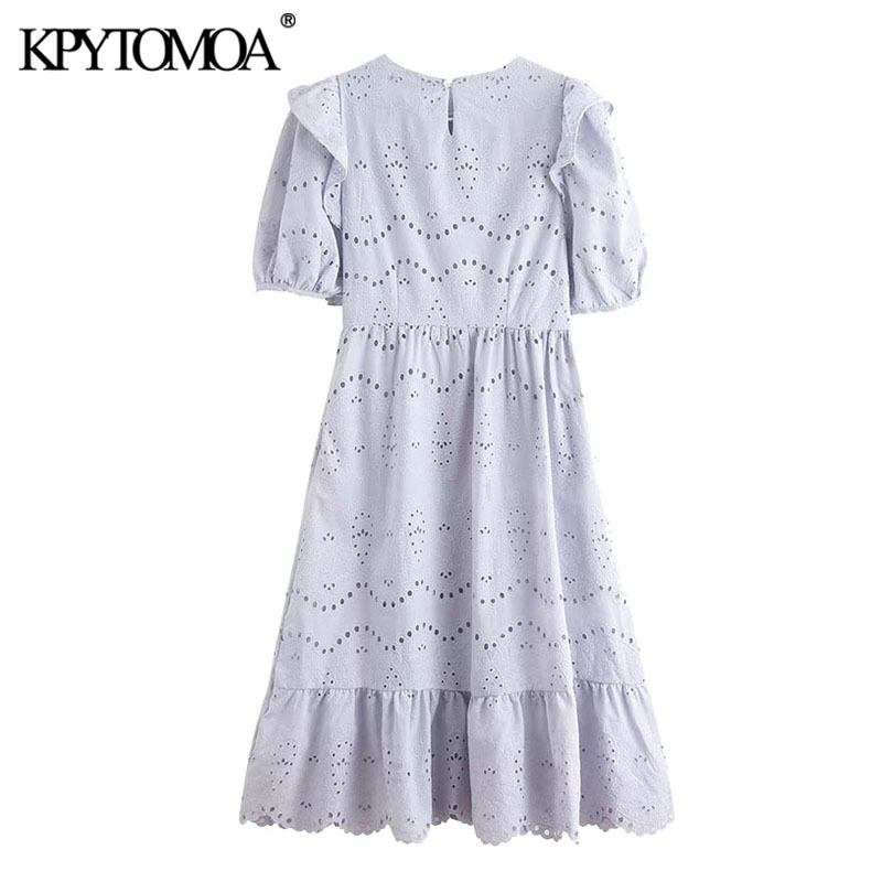 Women Chic Fashion Hollow Out Embroidery Ruffled Midi Dress Lantern Sleeve Side Zipper Female Dresses 210420
