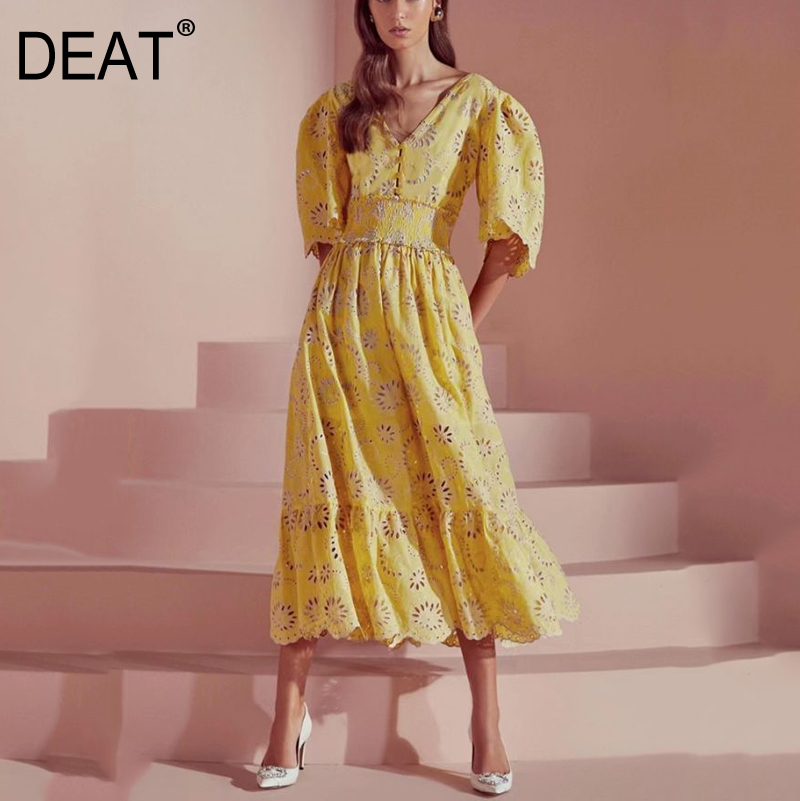 DEAT summer fashion women clothes short sleeves lace hollow out bow backless high waist pullover dress WR51707L 210428