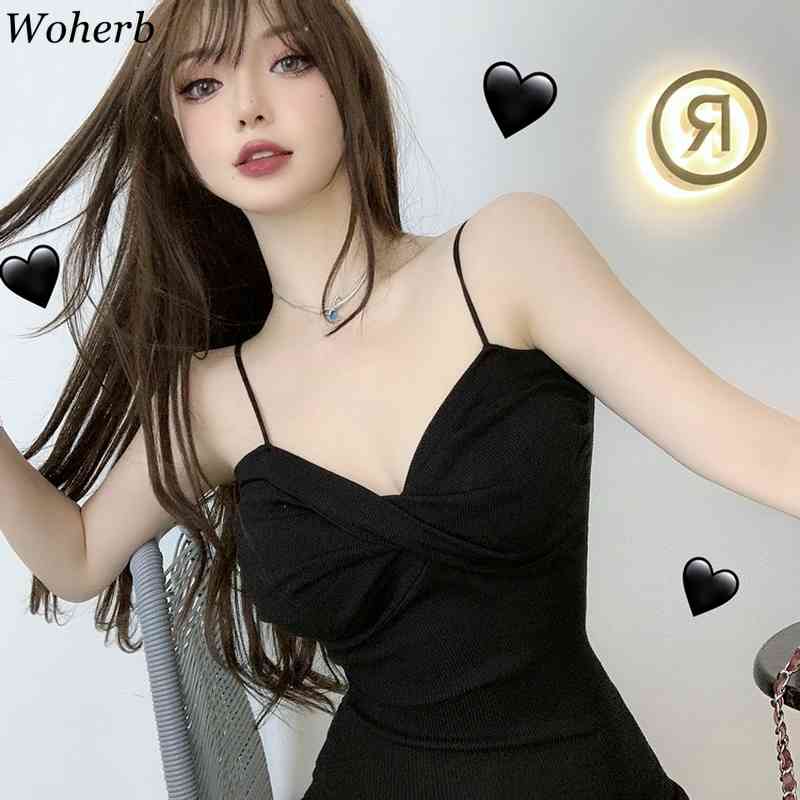 Women Black Sweater Dress Korean Sexy Summer V Neck Bodycon Dresses Ladies Slim Spaghetti Strap Stretch Knitted Mini Robe 210519