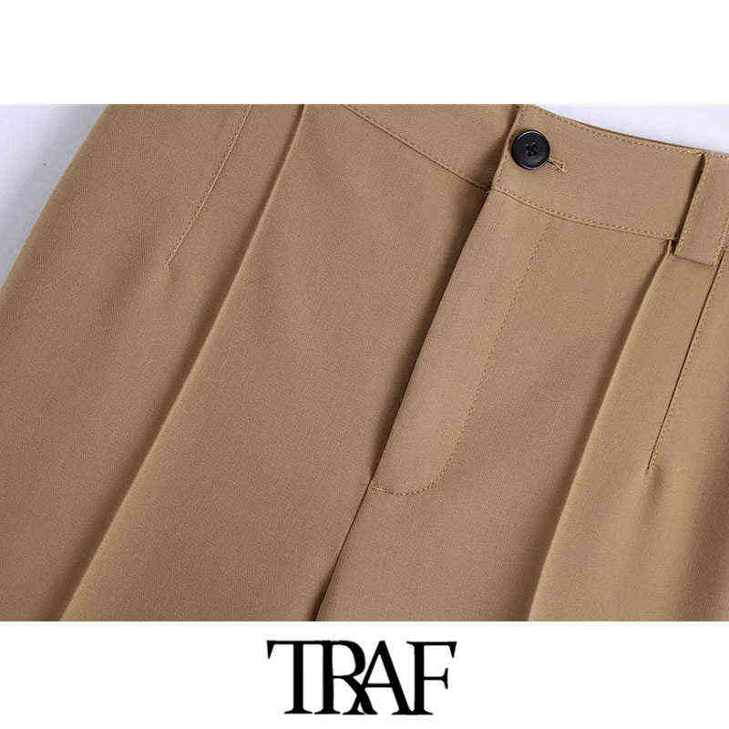 TRAF Women Fashion With Seam Detail Straight Pants Vintage High Waist Zipper Fly Office Wear Female Trousers Mujer 211124Z