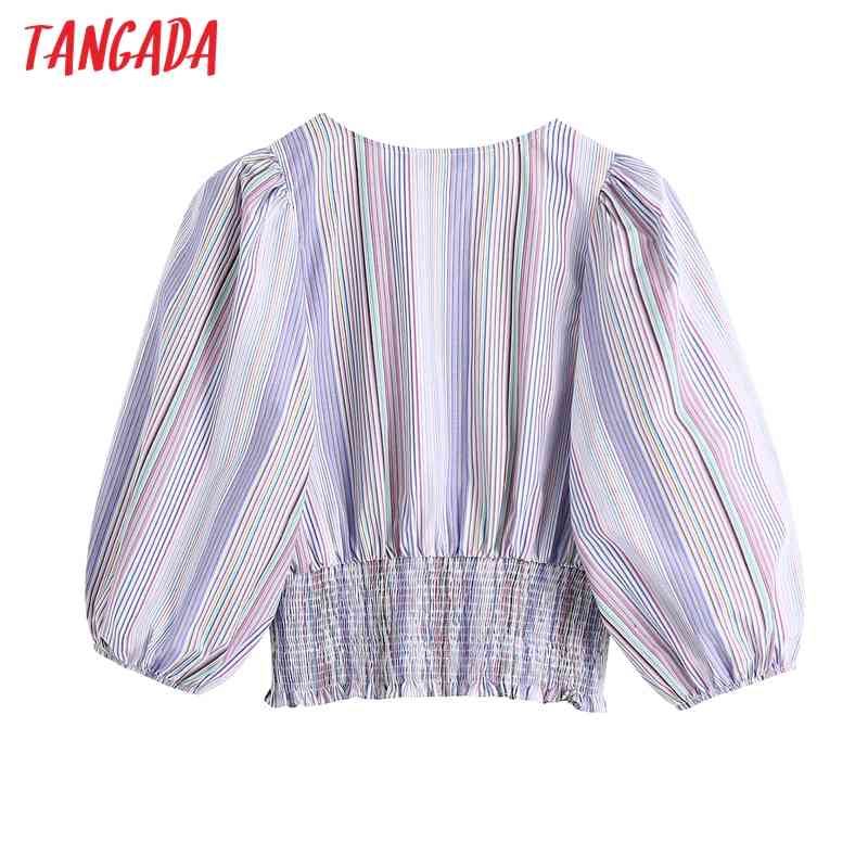 Women Fashion Striped Tunic Cropped Shirt Vintage V Neck Puff Sleeve Female Shirts Blusas Chic Tops BE524 210416