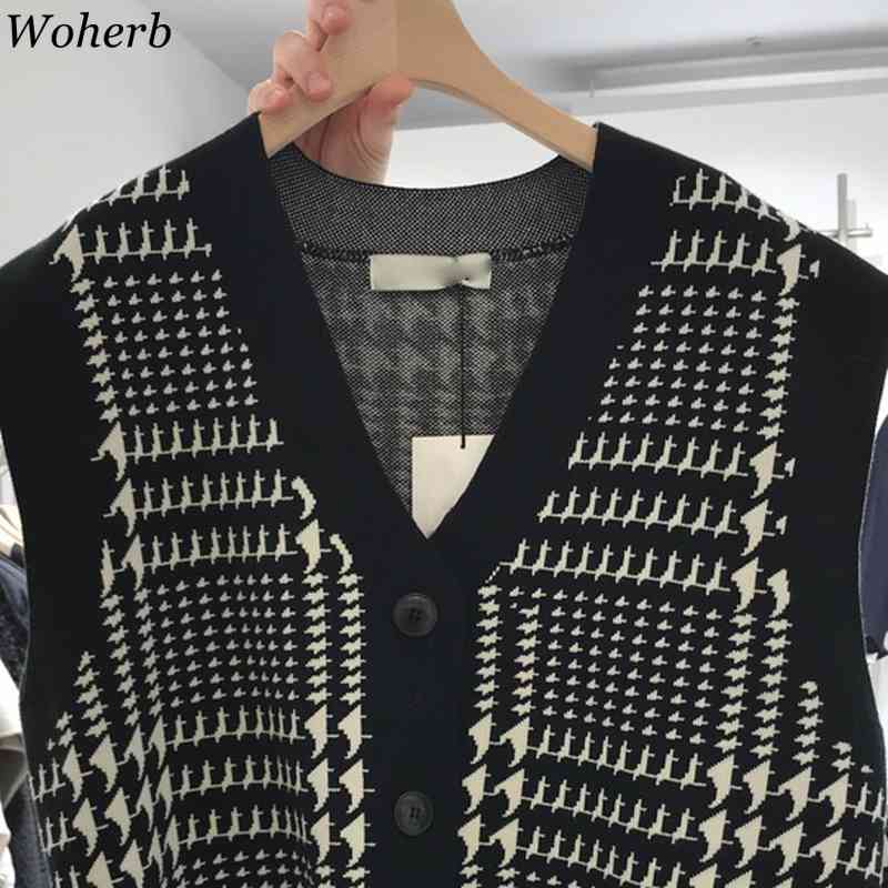 Women Sweater Spring Japanese Preppy Style V Neck Loose Vests Jacquard Single Breasted Vintage Knit Waistcoat Tops 210519