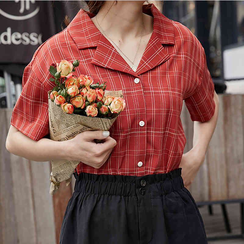 Elegant Notched Collar Plaid Blouse Batwing Short Sleeve Office Casual Shirt Summer Loose Ladies Tops Vetement Femme 210508