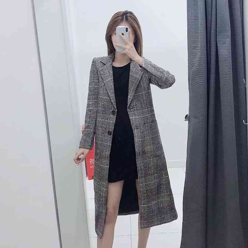 Long Coat Women Winter Plaid Woollen Coat Long Sleeve Female Warm Overcoat Elegant Office Lady Coats Outwear Manteau Femme 210414