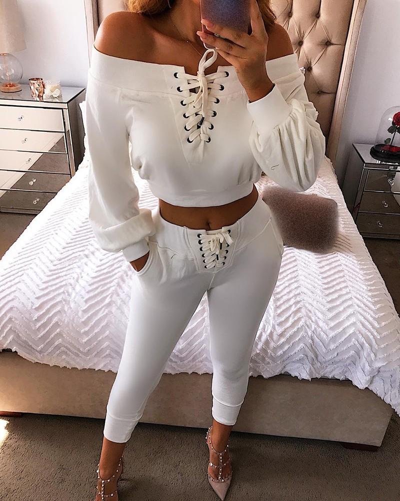 Women's Two Piece Pants White 2 Set Women Fall 2021 Off Shoulder Eyelet Lace-up Top & Pockets
Women's Two Piece Pants White 2 Set Women Fall 2021 Off Shoulder Eyelet Lace-up Top & Pockets