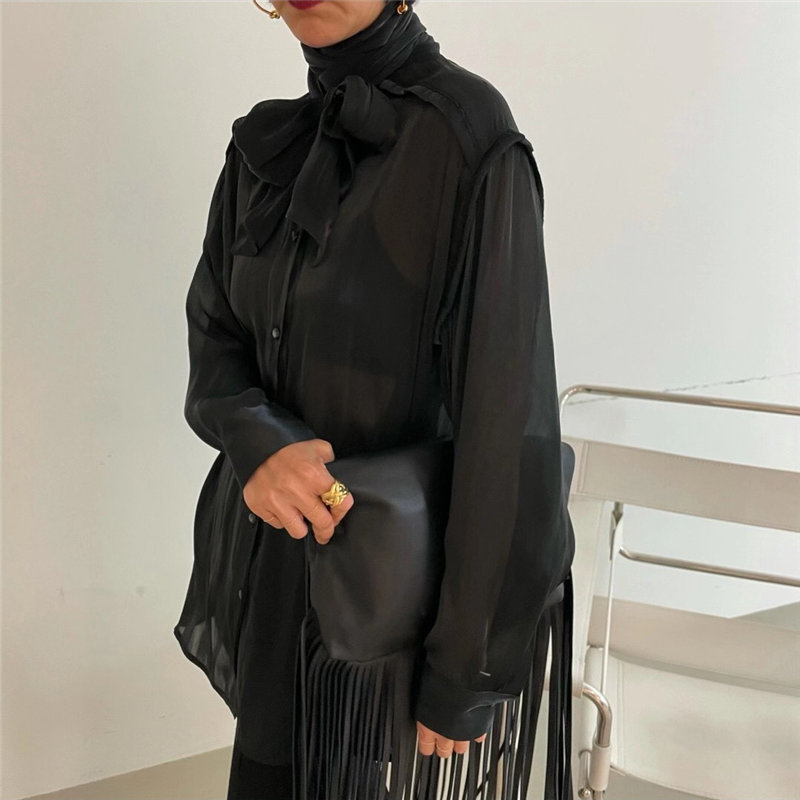 Work Wear Luster Bow Pleated Long Sleeve Solid OL Formal Elegant Minimalist Shirt Women Blouses Loose Tops Female 210421