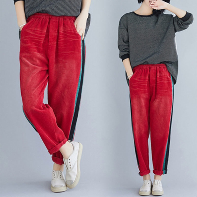 Autumn Fashion Women Elastic Waist Loose Corduroy Pants Allmatched Casual Side Stripe Harem Plus Size M701 210512