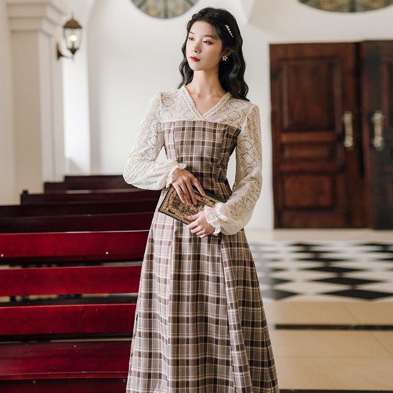 Fashion Women's Clothing Autumn Full Lace Mid-Calf Vintage Dresses Casual