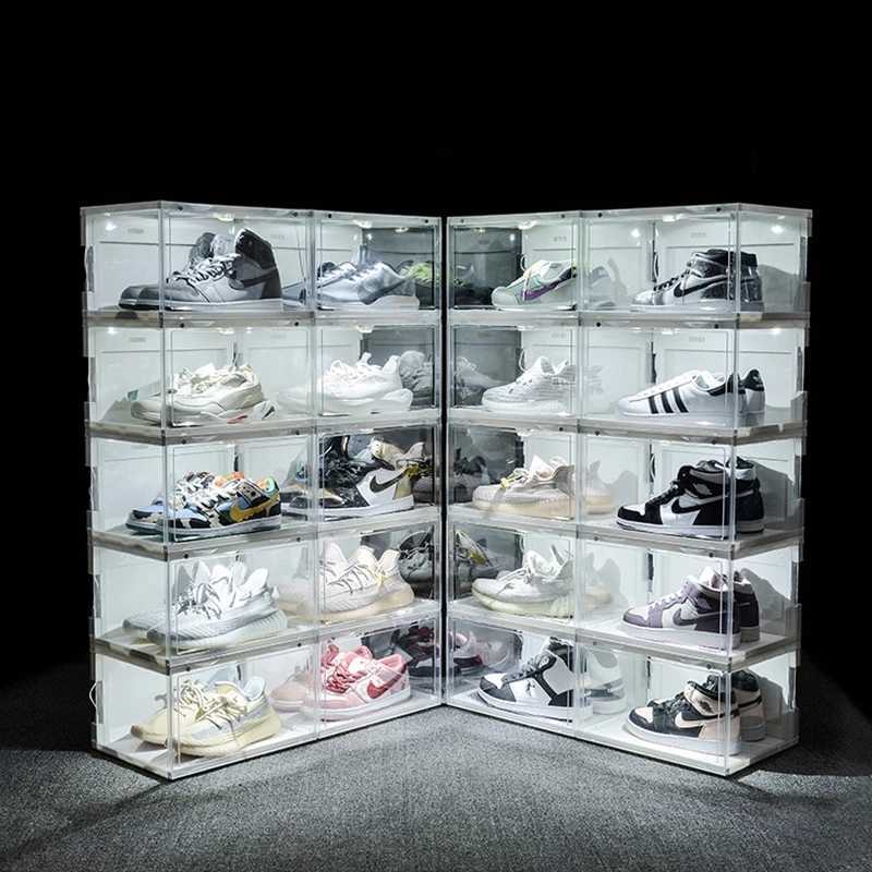 Voice Control LED Light Shoe Box Sneakers Storage Box Anti-Oxidation Organizer Shoe Wall Acrylic Shoes Collection Display Rack Q0901
Voice Control LED Light Shoe Box Sneakers Storage Box Anti-Oxidation Organizer Shoe Wall Acrylic Shoes Collection Display Rack Q0901